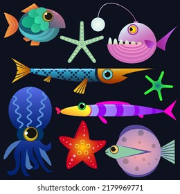 bright vector set of stylized cartoon fish. Fantasy marine inhabitants for advertising, creativity, etc.