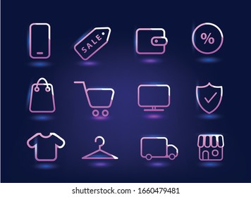 bright vector shopping icon set on a dark background