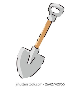 A bright vector shovel, a necessary tool in the forest, dig a fire pit. vivid events, wildlife. Flat cartoon style. Postcard, icon, sticker.