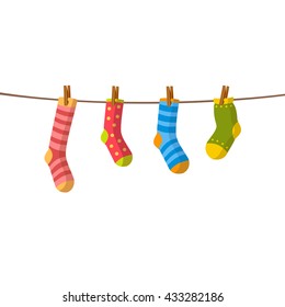 Bright vector socks hanging on a rope. Cute clothes. Cartoon summer illustration.