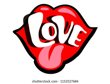 Bright vector speech bubble LOVE with shape of the lips. Colorful emotional icon isolated on white background. Comic and cartoon style