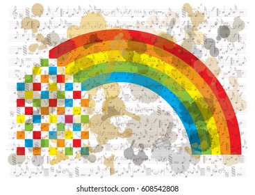 bright vector squares house icon and rainbow on grunge dirty background with ink splatters
