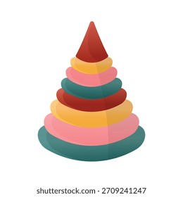 Brinquedo de anéis de empilhamento de vetor brilhante. Pirâmide Montessori educacional para desenvolvimento de habilidades motoras infantis. Design de berçário, embalagem ou aprendizagem precoce.