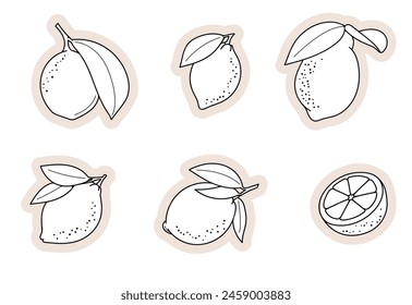 Pegatinas de Vector brillante en estilo cómico sobre un fondo blanco! Dale a tu proyecto un toque de color y originalidad con este conjunto de elegantes pegatinas de Vector de limón.