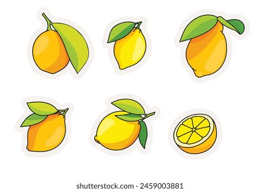 Bright Vector Stickers in Comics Style on a White Background! Give your project a dose of brightness and originality with this set of stylish lemon vector stickers in yellow shades.