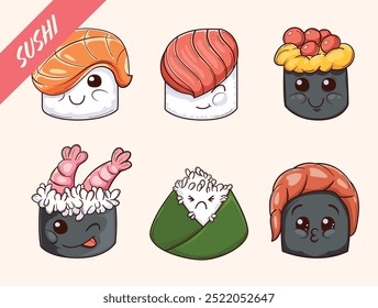 Bright vetor stickers: sushi bonito com rostos engraçados. Este conjunto inclui personagens coloridos e bonitos feitos na forma de vários sushi. Os adesivos são isolados do fundo para facilitar o uso.