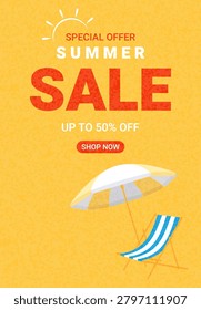 Bright vector summer sale banner layout with text special offer up to 50 percent off. Features a beach umbrella and a blue striped deck chair on a textured yellow sand background with a sun icon. Perfect for seasonal promotional marketing.