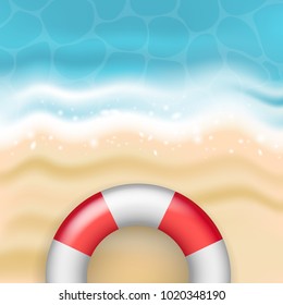 Bright vector summer sandy beach with sea waves and red and white life buoy - vacation, swimming, travel