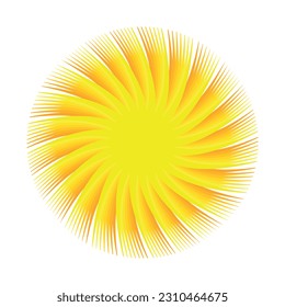 Bright vector sun icon isolated on blue background. Rising sun, sunrise or sunset, dawn,  sunshine and solar glow. The sun is shining. Decorative circle full and half sun and sunlight. 