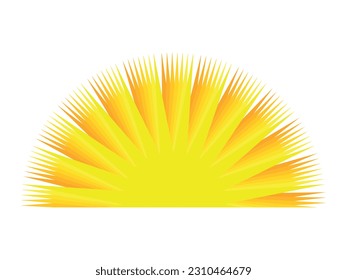 Icono de sol vectorial brillante aislado en fondo azul. Sol creciente, amanecer o puesta de sol, amanecer, sol y brillo solar. El sol brilla. Círculo decorativo lleno y medio sol y luz solar. 