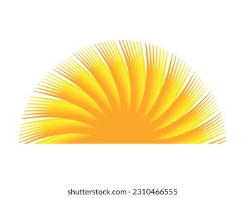 Bright vector sun icon set isolated on blue background. Rising sun, sunrise or sunset, dawn,  sunshine and solar glow. The sun is shining. Decorative circle full and half sun and sunlight. 