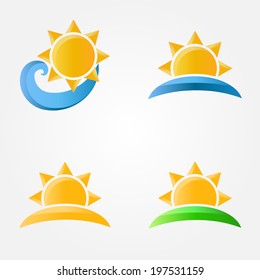 Bright vector sun icons with sea, sand and grass