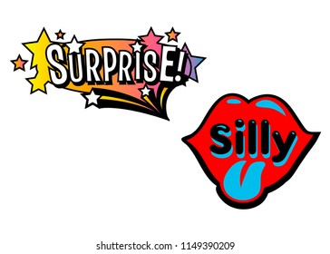 Bright vector Surprise and Silly speech bubbles. Colorful emotional icons isolated on white background. Comic and cartoon style