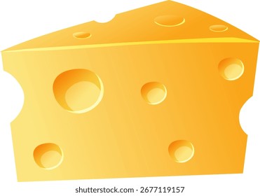 Cuña de queso suizo de Vector brillante con agujeros, sombreado simple, líneas limpias y fondo blanco