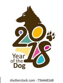 Bright vector template 2018. Year of the Dog on the Chinese calendar. Figures and portrait of a dog.