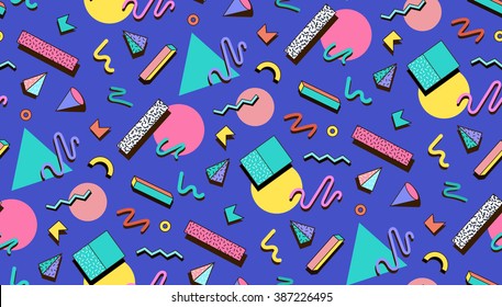 Bright vector template 80s. Abstract geometric shapes on a blue background. Illustration for hipsters Memphis style.