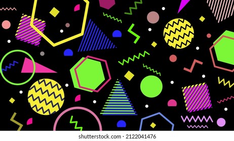 Bright vector template 90s. Abstract geometric shapes on a black background. Illustration for hipsters Memphis style.