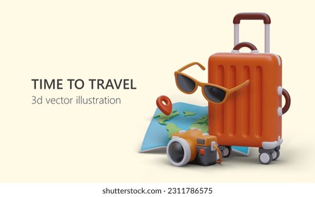 Bright vector template for advertising flyer with 3D elements. Time to see world. Organization of trips abroad. Travel guide services. Reservation and purchase of tourist tickets