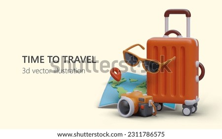 Bright vector template for advertising flyer with 3D elements. Time to see world. Organization of trips abroad. Travel guide services. Reservation and purchase of tourist tickets