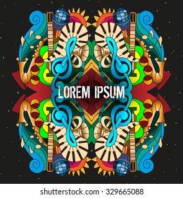 Bright vector template for cover, booklet with doodles hand drawn musical instruments - guitar, saxophone, keyboards on the black grunge background.