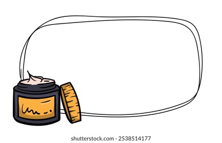 Modelo de vetor brilhante com creme, cosméticos, produto de cuidado do corpo. Quadro com símbolos e sinais de ícones. Plano de fundo para texto, etiqueta de preço, banner