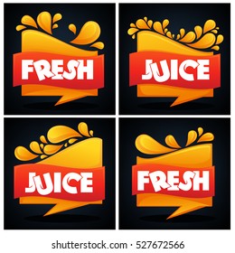 bright vector template design for stickers, emblems and banners for fresh orange juice on dark background
