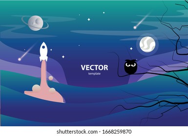 bright vector template with take-off rocket and night forest