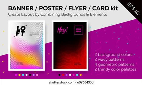Bright Vector Template with Text Grid. Trendy Geometric Patterns, Minimal Design, Colorful Background. For Banner, DJ Poster, Night Club Flyer, Greeting Card. Ready Palettes and Additional Elements.
