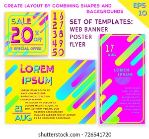 Bright vector templates of web banner, cover, sale or discount, kid's party flyer, catalog, fest invitation.Colorful kit with vibrant colors. Futuristic abstract set with trendy geometric shapes.