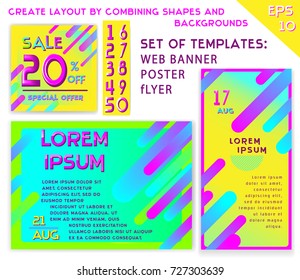 Bright vector templates of web banner, cover, sale or discount, kid's party flyer, catalog, fest invitation.Colorful kit with vibrant colors. Futuristic abstract set with trendy geometric shapes.