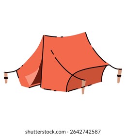 Uma tenda vetorial brilhante, acampamento noturno, uma casa de floresta espaçosa para dormir. . eventos vívidos, vida selvagem. Estilo de desenho animado plano. Cartão postal, ícone, adesivo.