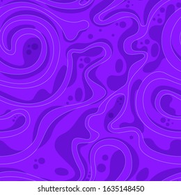 Bright vector texture of violet color from smooth rounded shapes of lines and spirals. Seamless pattern for decorating fabric or wrapping paper