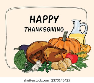 Bright vector Thanksgiving card with turkey and vegetables