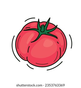 Tomate vectorial brillante sobre fondo blanco. Pegatina de verano jugosa aislada de fondo.