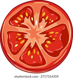 Rebanada de tomate de Vector brillante, colores llamativos, líneas limpias, vista de arriba hacia abajo, estilo de ilustración digital