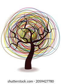 Bright vector tree with chaos lines treetop. Four seasons tree icon isolated on white background.