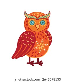 Bright vector tribal owl with orange and red geometric patterns, blue eyes and snowflakes on the chest. Perfect for Christmas textiles, children's clothing, tattoos and coloring books.