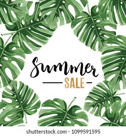 Bright vector tropical summer background. Sale banner, poster with jungle palm leaves.
