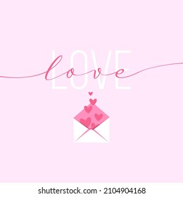 Bright vector Valentine's Day card with "love" written on it and an envelope full of hearts on pink background. Wedding invitation, greeting card, banner or poster design.