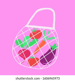 Bright vector vegetable illustration with shopper bag, isolated on pink background. Zero waste, ecology, vegetarian, vegan poster, banner, print for environment saving