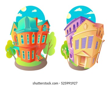 Bright vector volume icons of old houses in Victorian style and Baroque. Next to the houses located street lights, sky, sun, clouds and trees. Isolated Houses in cartoon child style.