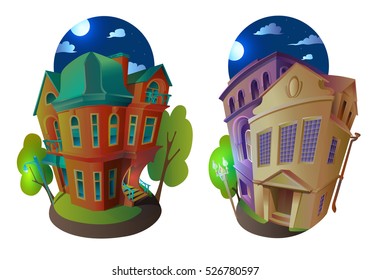 Bright vector volume icons of old houses in Victorian style and Baroque. Next to the street lights, trees. Isolated in cartoon child. Moonlight night