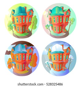 Bright vector volume icons of old houses in Victorian style. Isolated in cartoon child. Seasons. Summer, spring, winter, autumn.