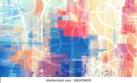 Bright vector wall art. Colorful artistic texture. Geometric and doodle mix. Digital painting