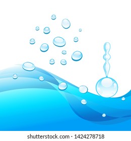 Bright vector water drops isolated on white background and on wave