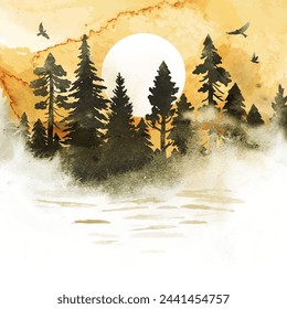 Bright vector watercolor landscape with sunset, coniferous forest, birds, river. Design for print, postcard, poster, banner.  Romantic nature template with splashes and place for text