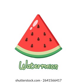 Bright vector of a watermelon slice with seeds in a playful cartoon style. Ideal for summer prints, fruit labels, kids learning visuals, and tropical-themed design projects.