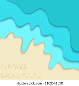 Bright vector wavy blue water and yellow beach background in paper cut style. Cute square cutout summer wallpaper for tropical travel advertisement, travel banner design