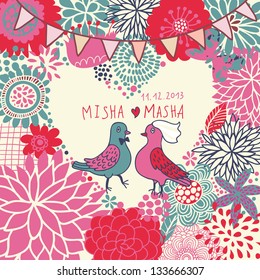 Bright vector wedding invitation. Romantic floral background. Pigeons on flowers in cartoon illustration