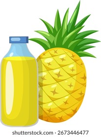 Bright vector of whole pineapple and juice bottle in bold, vibrant, flat design style.